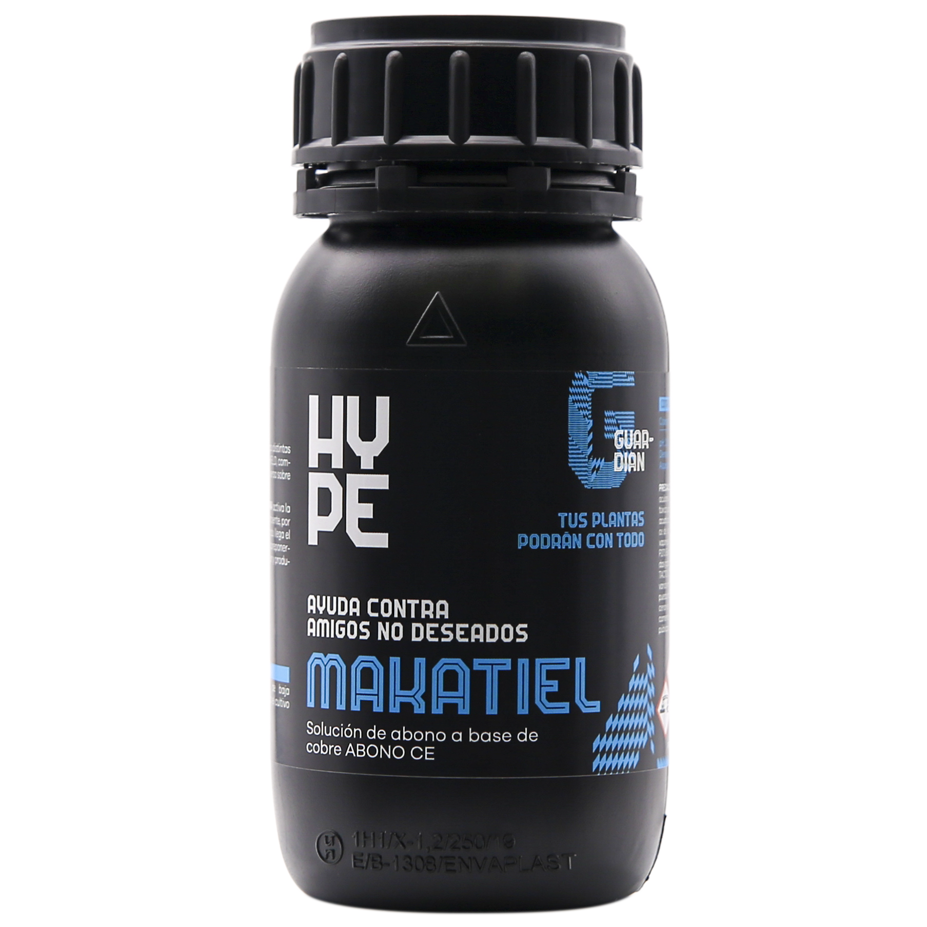 Makatiel (Fungos) - 250 mL Frasco preto de plástico com texto em espanhol no rótulo