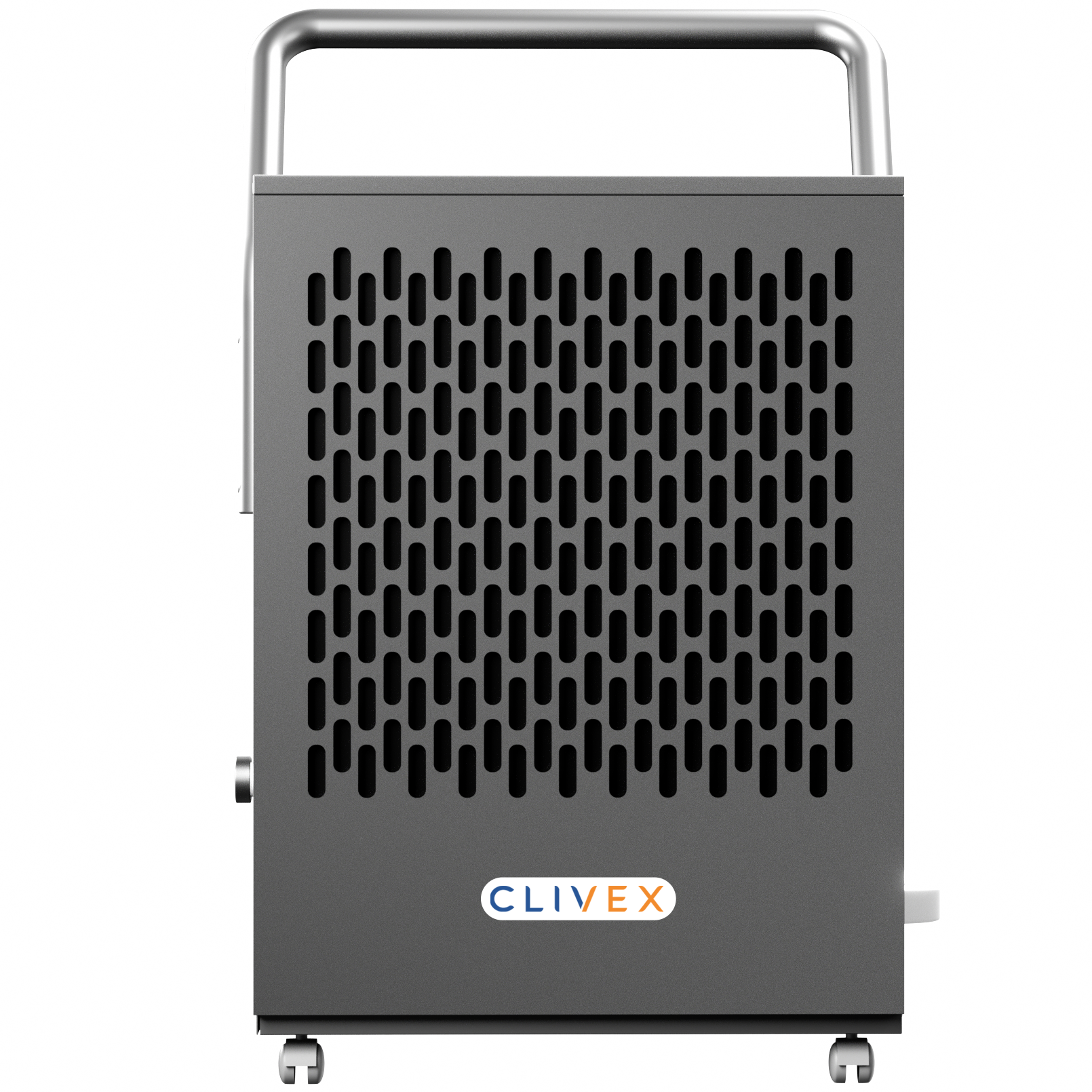 Desumidificador Clivex ProDry 50L Aparelho cinzento perfurado com alça prateada e rodas, marca CLIVEX