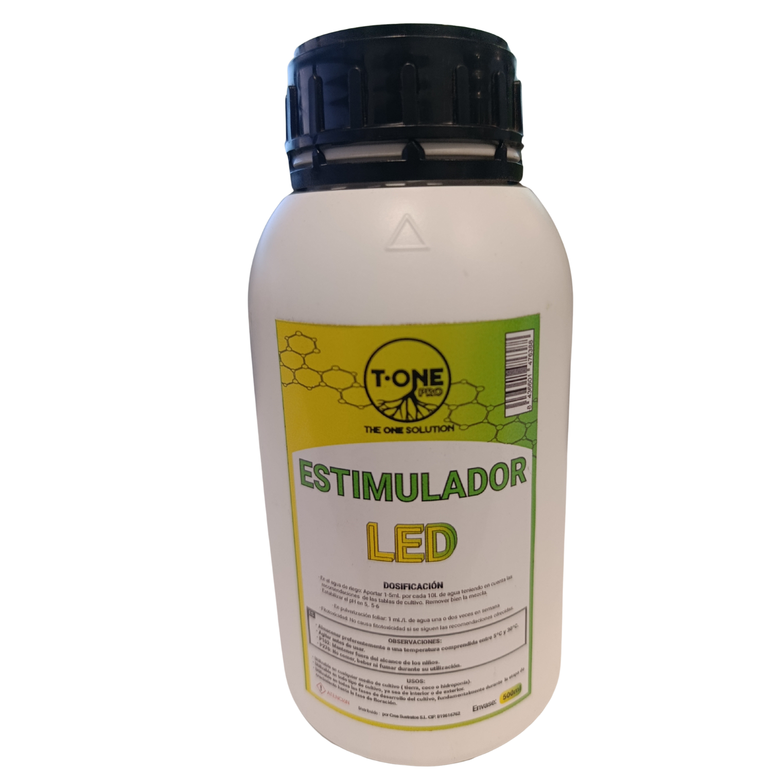 T-One Pro Estimulador LED 1L Frasco branco com tampa preta e etiqueta verde e amarela com texto ESTIMULADOR LED