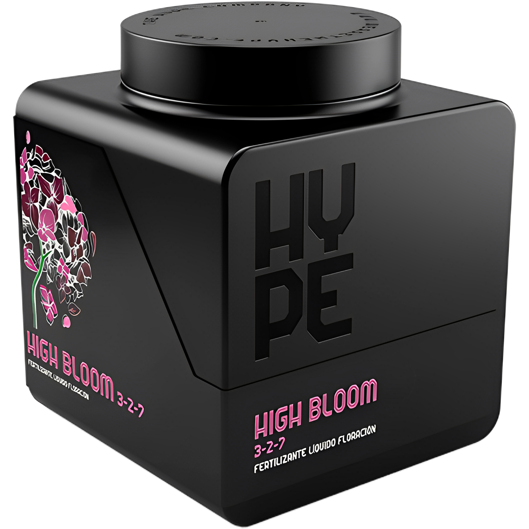 The Hype Company High Bloom Frasco preto cúbico de fertilizante líquido com texto e padrão floral colorido