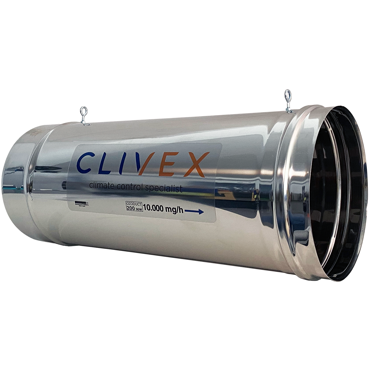 Clivex Ozoduct 200mm (10000mg/h) V.2 Tubo metálico cilíndrico prateado com etiqueta CLIVEX e texto técnico.