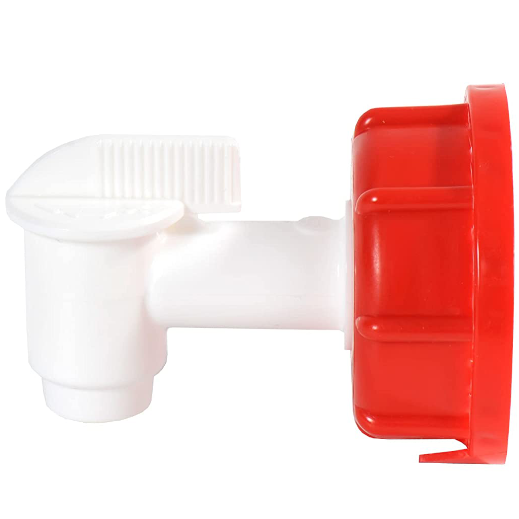 Nano Tampão Torneira Dosificador 10L - 25L Torniquete de plástico branco com tampa vermelha e alavanca.