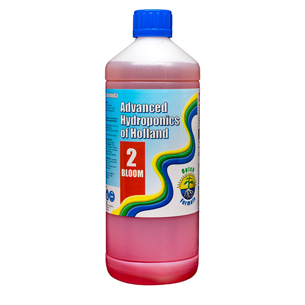 Dutch Formula Bloom 1L Frasco de Advanced Hydroponics of Holland com líquido cor de rosa e tampa azul