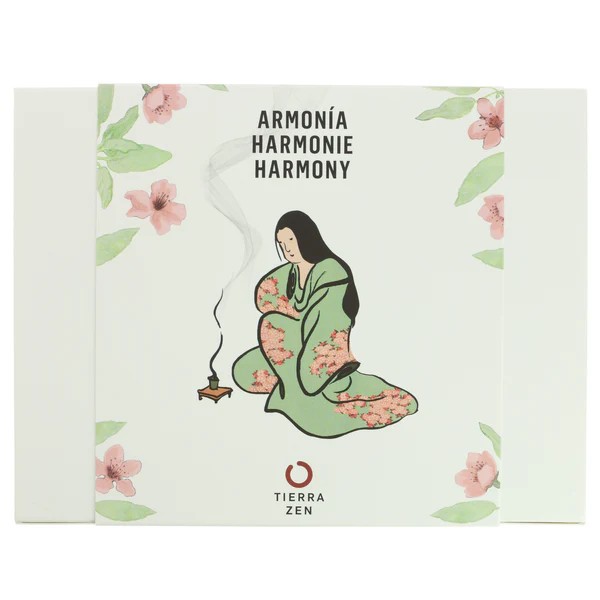 Set Armonía - Salvia Branca & Incenso Japonés Embalagem de incenso ARMONÍA HARMONIE HARMONY com ilustração de mulher de kimono verde ajoelhada e flores rosa