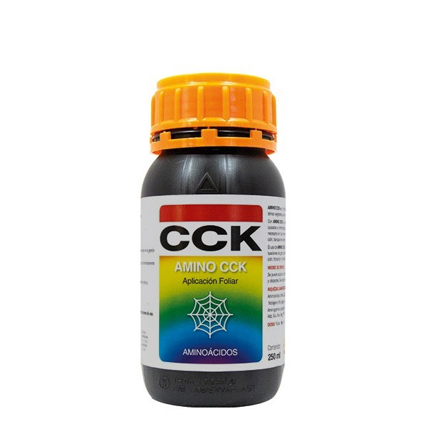 CCK (amino) 250 ml. Trabe Frasco plástico preto com tampa laranja e etiqueta colorida com texto CCK Amino CCK Aplicación Foliar Aminoácidos 250 ml