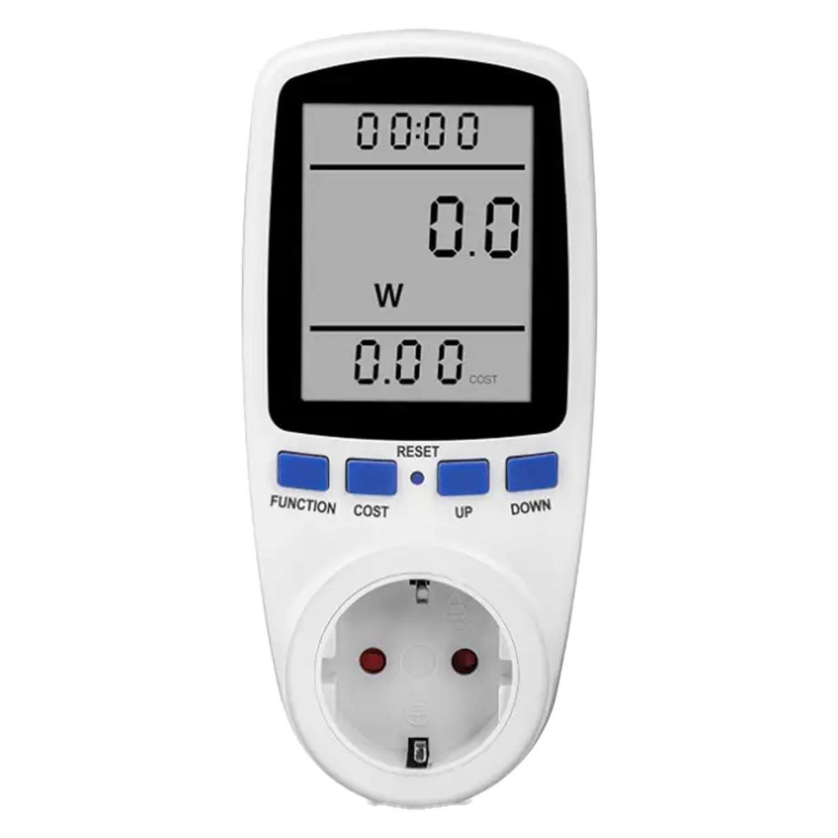 MEDIDOR DE POTENCIA EQUALIZE Medidor de consumo elétrico digital branco com botões azuis e tomada integrada