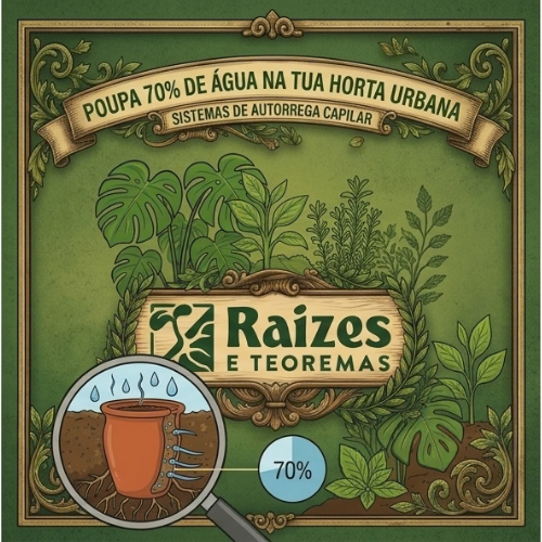 Ilustração de plantas verdes com texto sobre sistema de autorrega capilar em fundo verde