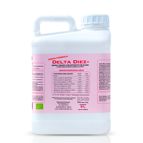 DELTA 10 5L Frasco branco de plástico de 5 litros com rótulo rosa contendo texto em espanhol sobre adubo líquido com extrato de algas