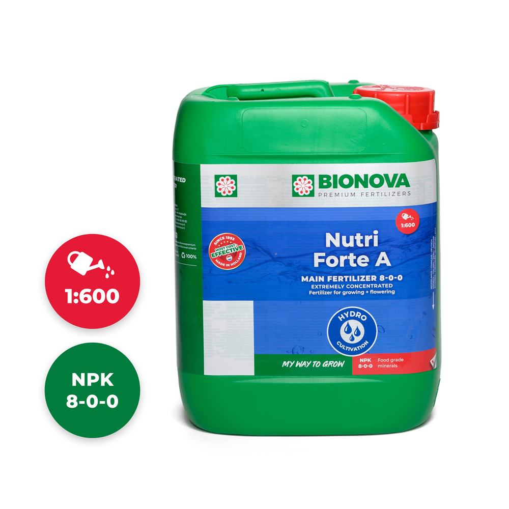 BIONOVA ? NUTRIFORTE A+B HYDRO 5L Recipiente verde de fertilizante líquido BIONOVA Nutri Forte A com rótulo azul