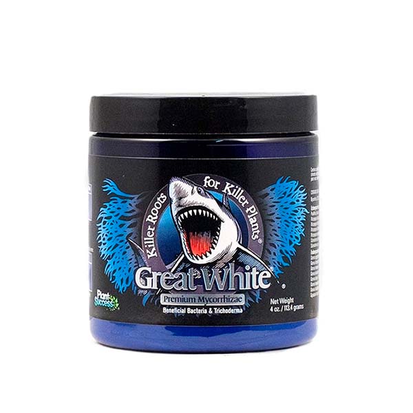 Great White® Micorrizas 113gr Premium Recipiente azul com tampa preta e rótulo de suplemento para plantas com tubarão e texto