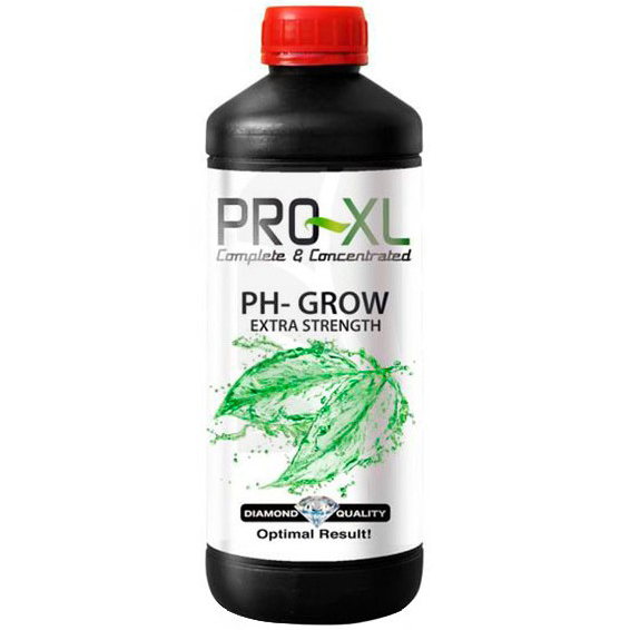 PRO-XL Ph-Grow Garrafa preta com tampa vermelha e rótulo branco com texto e imagem de folhas verdes