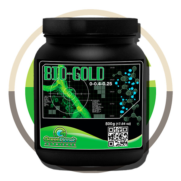 Bio Gold 500 gr. Green Planet Nutrients Frasco preto de suplemento BIO-GOLD da Green Planet Nutriente com rótulo verde e preto