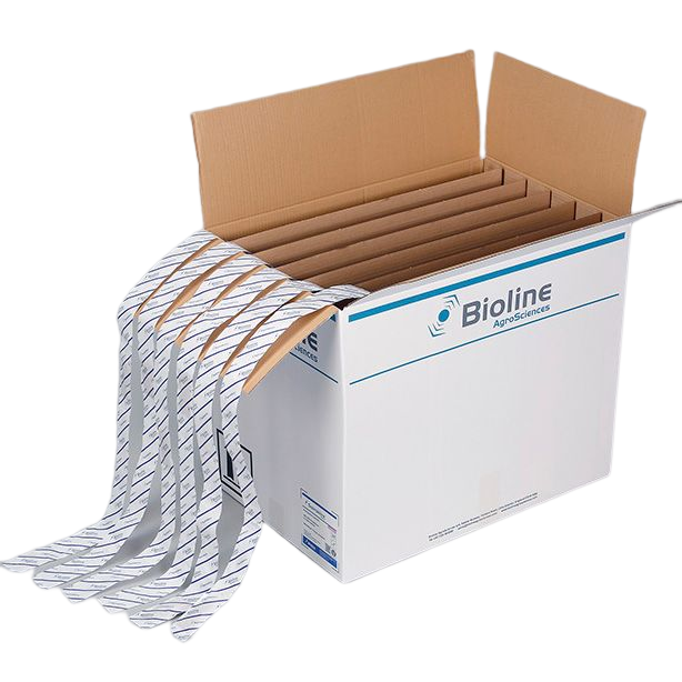 Starskii - Amblyseius swirskii 6 faixas 100 m 125000 (mosca-branca) Caixa branca Bioline AgroSciences com tiras brancas imprimidas em fundo preto
