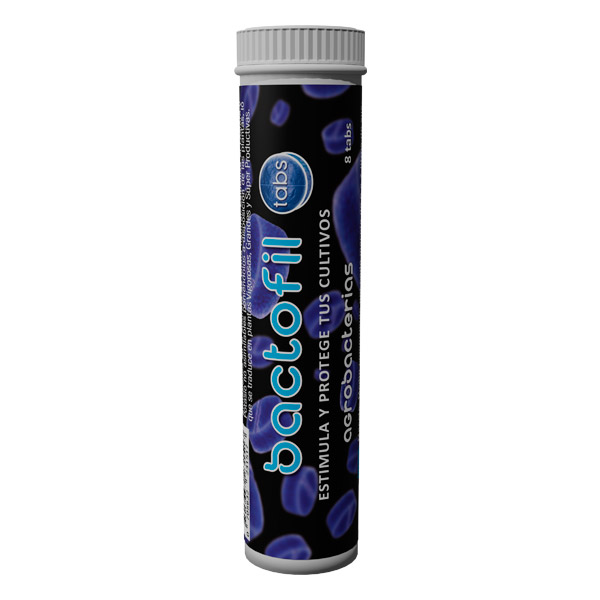 Bactofil Frasco tubular preto com tampa branca e texto em espanhol