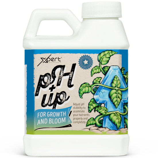 Xpert Nutrients Ph Up Frasco branco de plástico com rótulo azul e bege com texto e ilustração de planta
