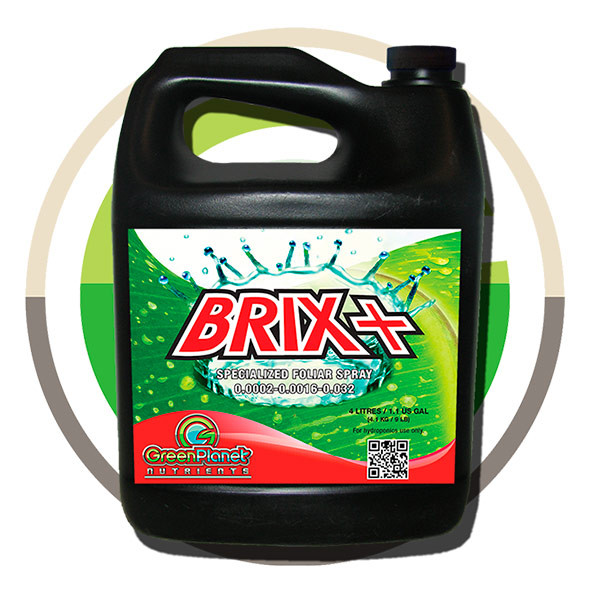 Brix+ 1 lt. Green Planet Nutrients Frasco preto de plástico com rótulo verde e vermelho do produto BRIX+, spray foliar especializado