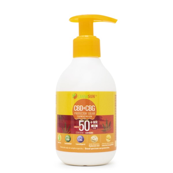 Cannasun Creme Protector Solar Cbd y Cbg SPF 50+ 150 ml. Frasco de protetor solar CBD+CBG CANNA SUN FPS 50+ com doseador amarelo