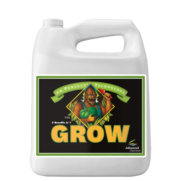 pH Perfect Grow - 5 lt. Advanced Nutrients Recipiente branco com rótulo preto e verde com ilustração de gorila e texto GROW
