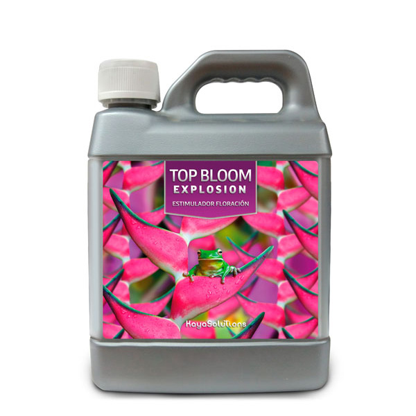 Top Bloom Explosion Frasco cinzento com etiqueta colorida e texto TOP BLOOM EXPLOSION