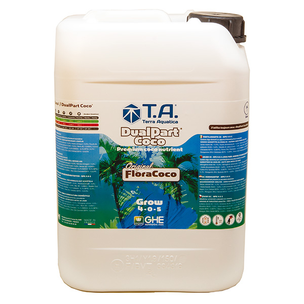 DualPart Coco Grow 10L Galão de adubo líquido DualPart Coco Grow com rótulo azul e verde com imagem de palmeiras.