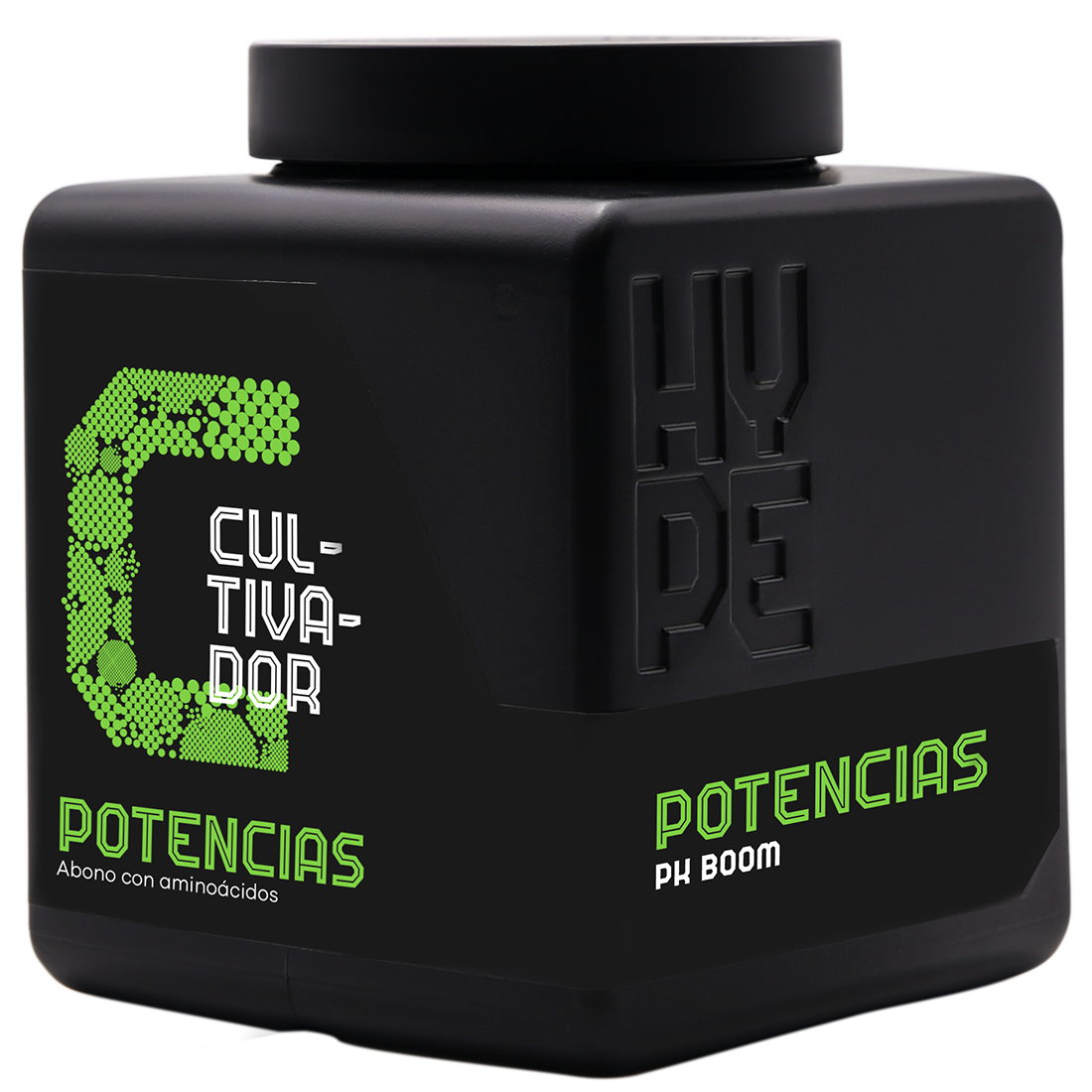 Potencias (PK Booster Mineral sólido) - 1 kg Frasco preto quadrado com rótulo verde e branco e texto CULTIVADOR POTENCIAS