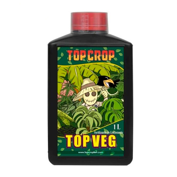 TopCrop Top Veg 1L Frasco de fertilizante líquido TOP CROP TOP VEG 1L com rótulo colorido de plantas e esqueleto