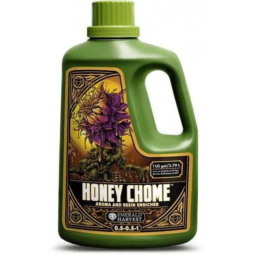 HONEY CHOME 3.79 L EMERALD HARVEST Garrafão verde de produto chamado Honey Chome com rótulo ilustrado