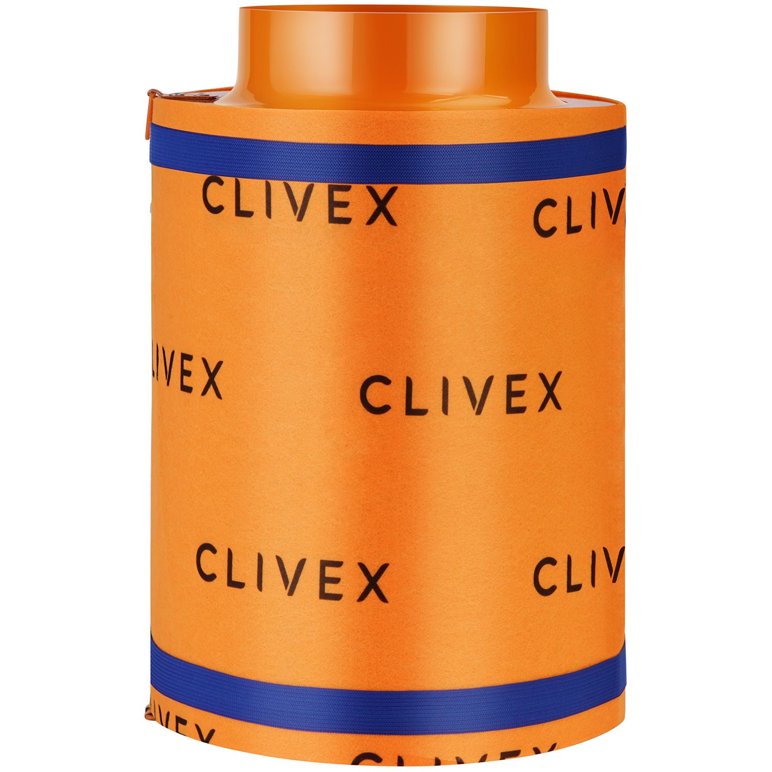 Clivex Filtro de Carvão Recipiente cilíndrico laranja com logotipo CLIVEX e faixas azuis.
