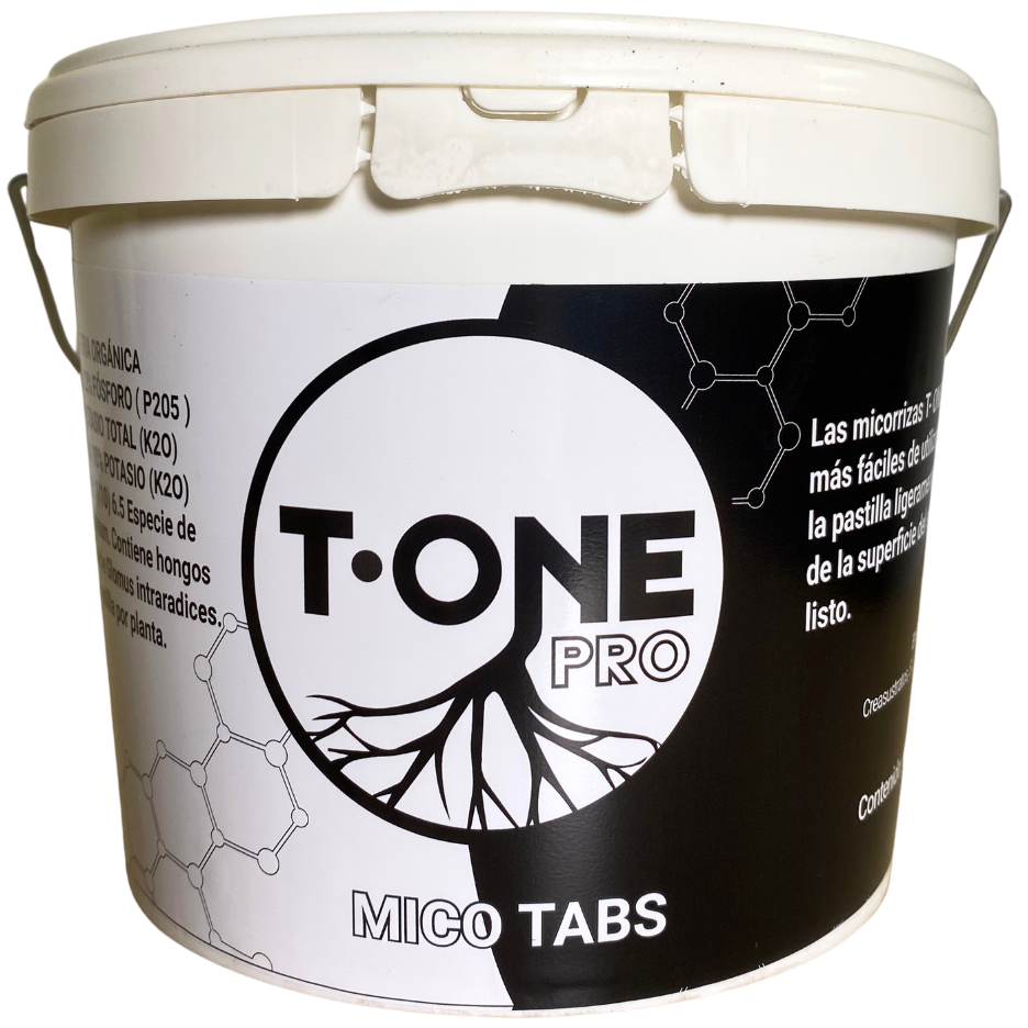 T-One Pro Mico Tabs Balde branco com etiquetas pretas com texto e gráficos científicos.