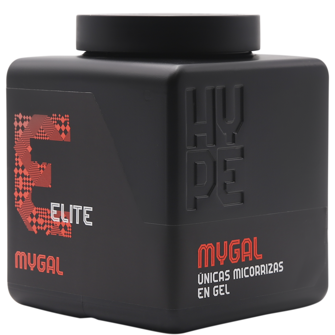 Mygal (Micorrizas Gel) Frasco preto quadrado com texto e detalhes vermelhos e brancos