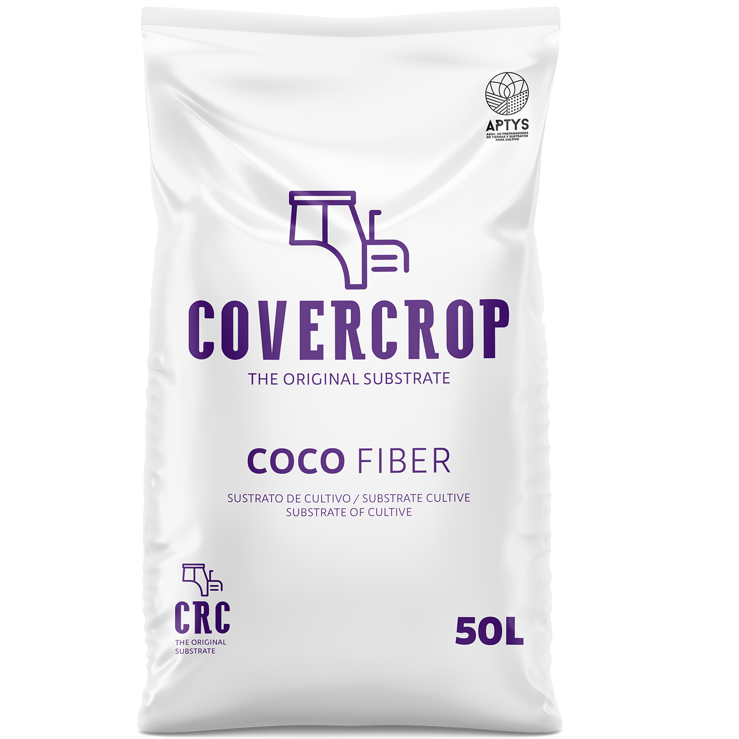 Covercrop Fibra de Coco Saco branco de substrato de cultivo Covercrop coco fiber 50L com texto e logótipos roxos