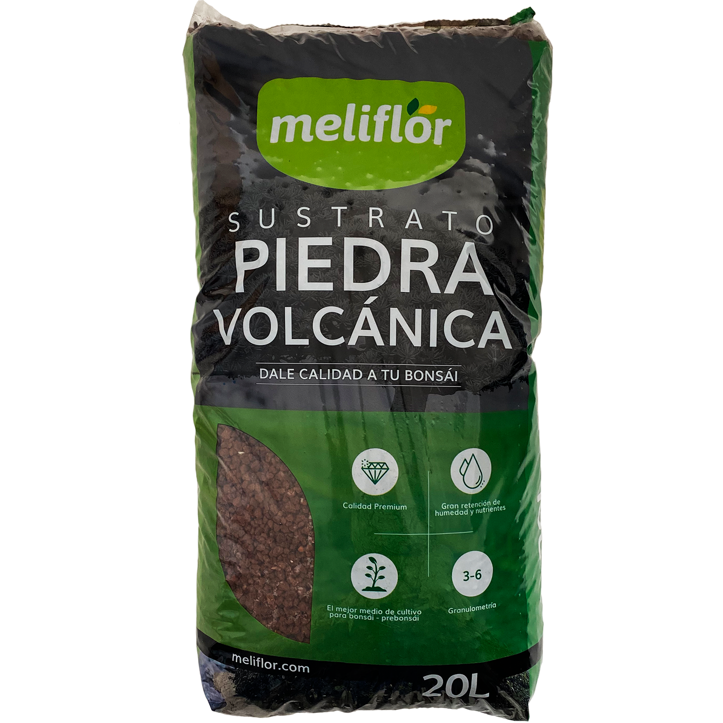 Substrato Meliflor para Bonsai Roca Volcánica (Puzolana Vermelha Cribada) 20L Pacote de substrato de pedra vulcânica meliflôr 20 litros