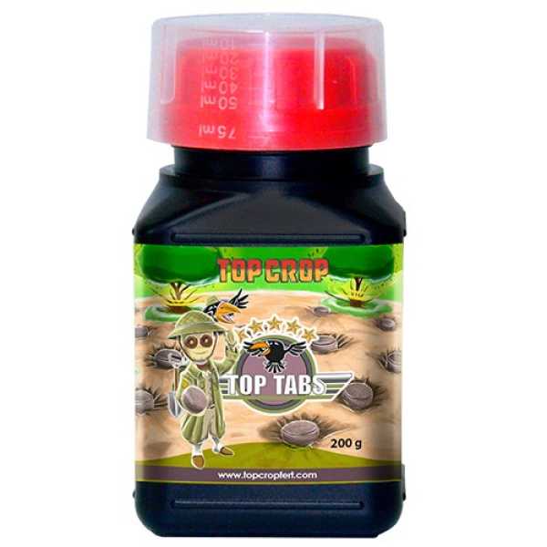 TopCrop Top Tabs 200g (20uds) Frasco preto com tampa vermelha e rótulo colorido Top Crop Top Tabs