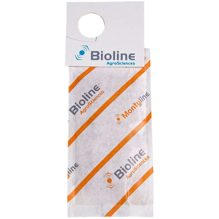 Montyline - 200 mini saquetas - 50000 indivíduos - Amblyseius montdorensis (tripes / mosca-branca) — BIOLINE Embalagem de papel branca com texto Bioline AgroSciences e Montyline e riscas laranja