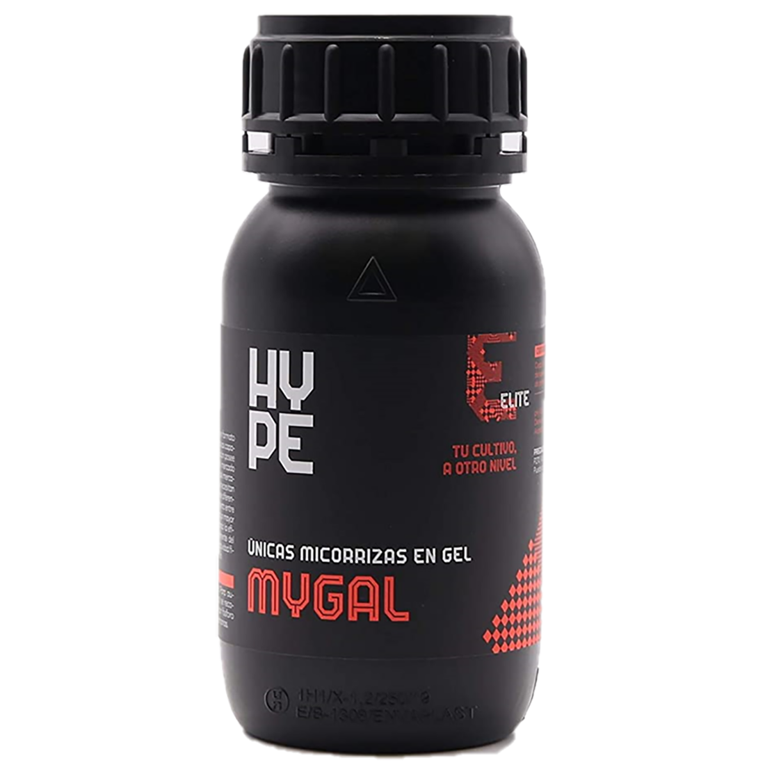 Mygal (Micorrizas Gel) Frasco preto com rótulo preto, texto em branco e vermelho, produto MYGAL em gel.