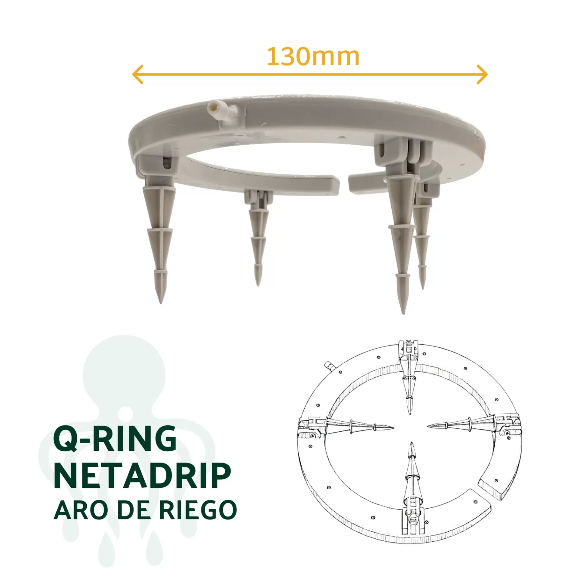 ARO DE REGA Q-RING HYDRA NETADRIP 8L/H (Pack 12) Anel branco de irrigação Q-RING NETADRIP com 4 picos e medida 130 mm