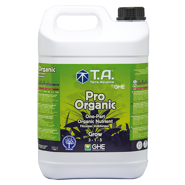 Pro Organic Grow 5L Recipiente branco de fertilizante líquido orgânico com rótulo verde e texto T.A. Pro Organic Grow 3-1-5.
