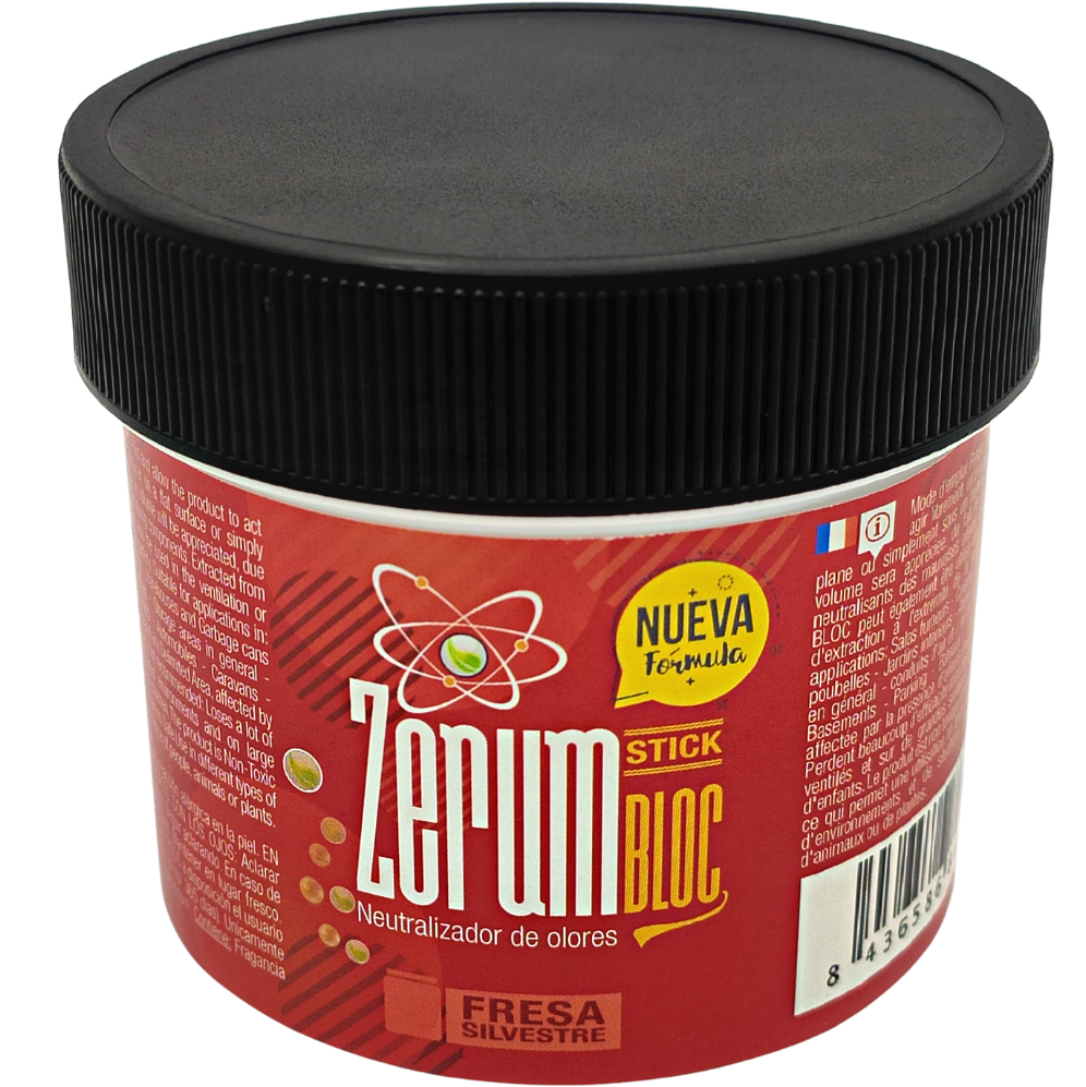 Zerum-Bloc 170gr Frasco de produto com tampa preta e etiqueta vermelha com texto Zerum Stick Bloc e Fresa Silvestre