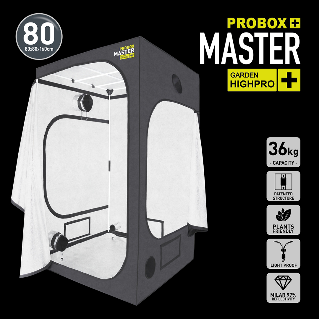 Armario Garden Highpro Probox Master Tenda de cultivo cinzenta com interior branco e janelas com zíperes.