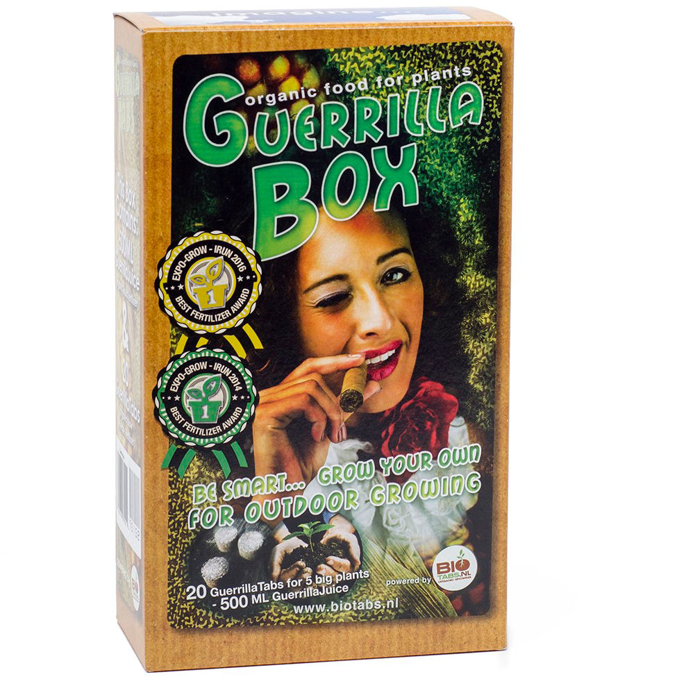 BioTabs Guerrilha Box Embalagem de fertilizante orgânico para plantas Guerrilla Box com imagem de mulher e texto explicativo