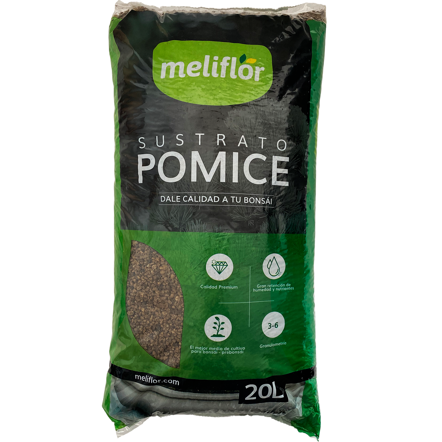 Substrato Meliflor para Bonsai Pomice (3-6mm) 20L Saco de substrato de pedra pomes Meliflór para bonsái 20L