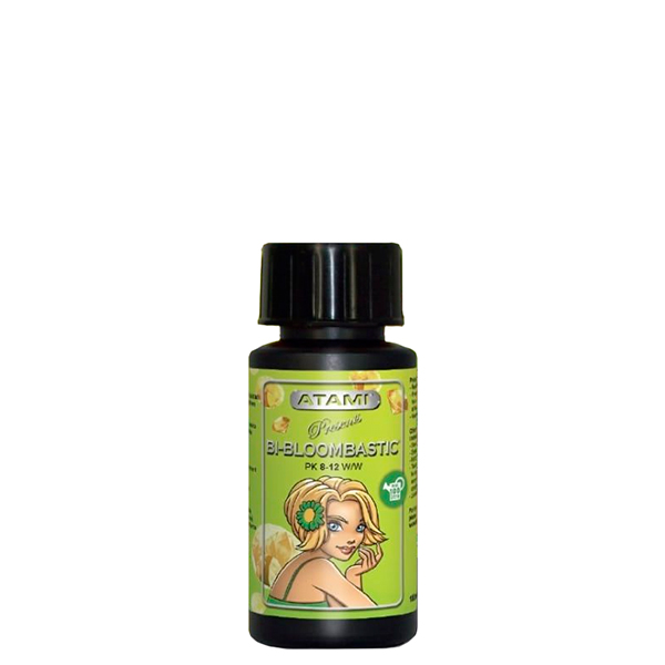 Bi Bloombastic - 100 ml. Atami B'cuzz Frasco plástico preto com rótulo verde e ilustração de mulher loira com texto ATAMI BI-BLOOMBASTIC