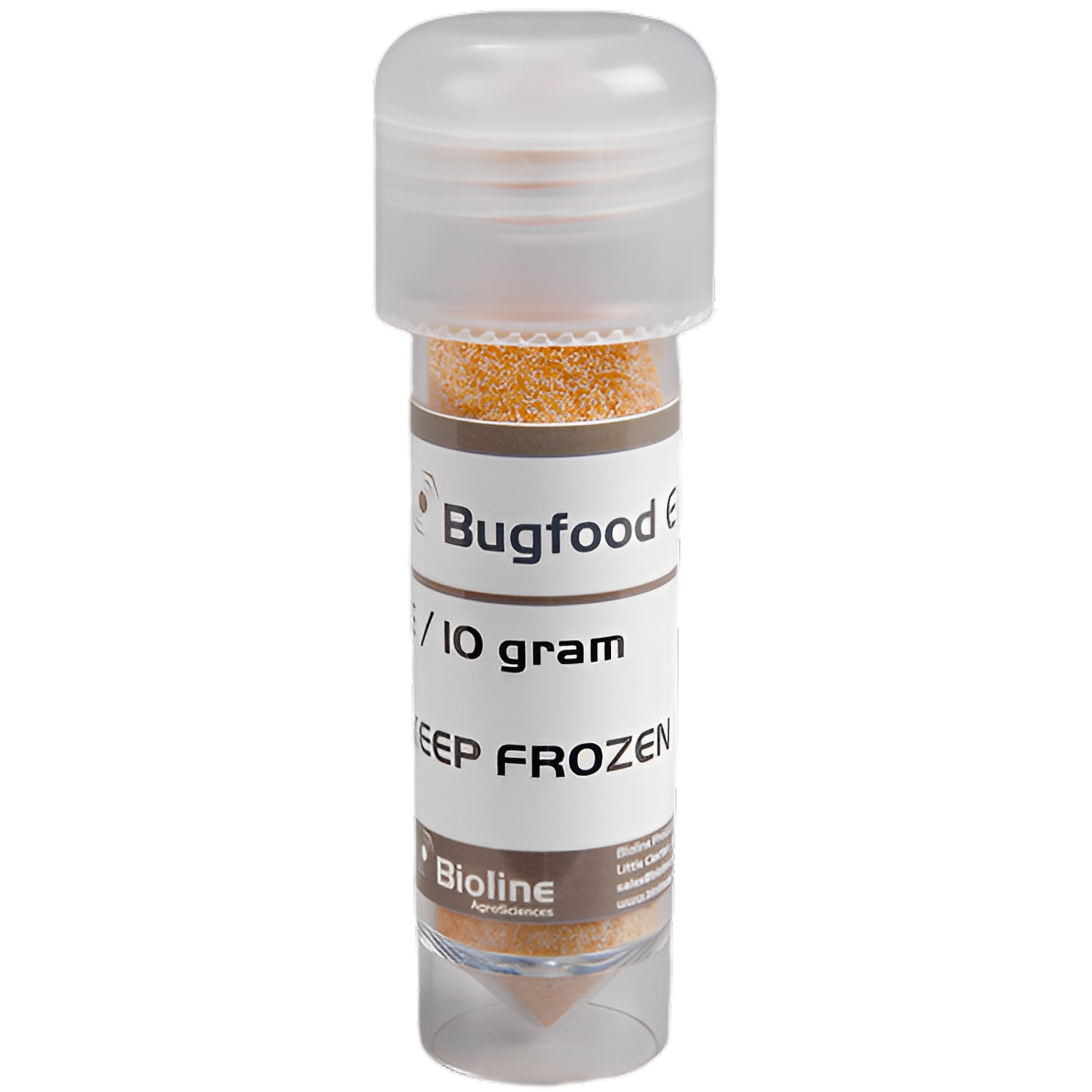 Alimento para insetos - Ovos esterilizados E - Frasco - 10 g - Ephestia kuehniella (Mosca branca, tripes, lagartas) Frasco plástico transparente com pequenos grânulos laranja e etiquetas com texto em inglês