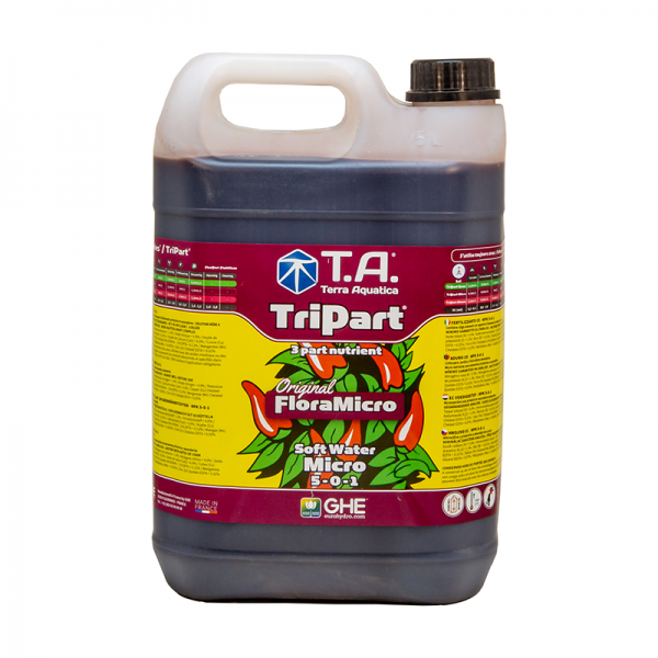 TriPart Micro SW 5L frasco de suplemento líquido para plantas com rótulo amarelo e vermelho