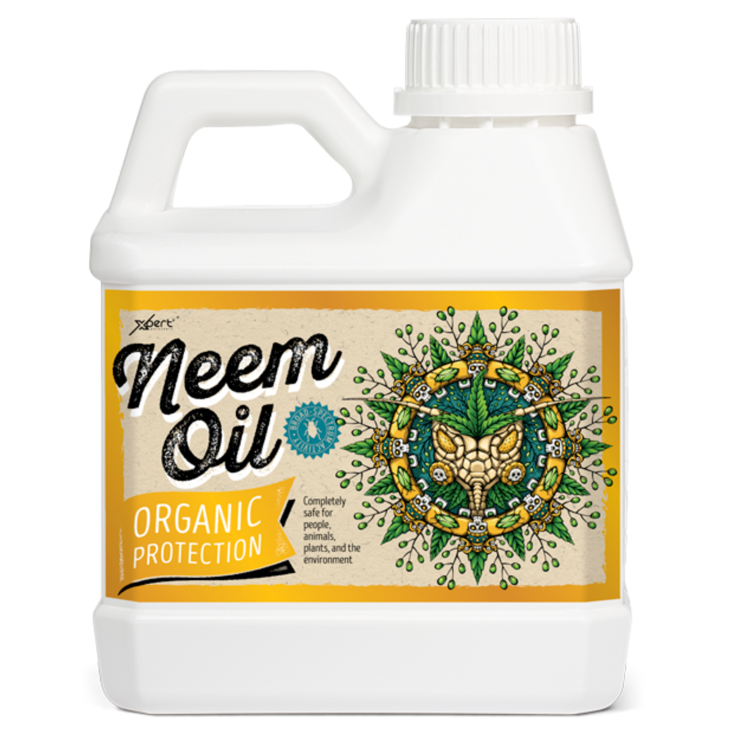 Xpert Nutrients Neem Oil 250ml Frasco branco plástico com etiqueta amarela de óleo neem orgânico e ilustração verde