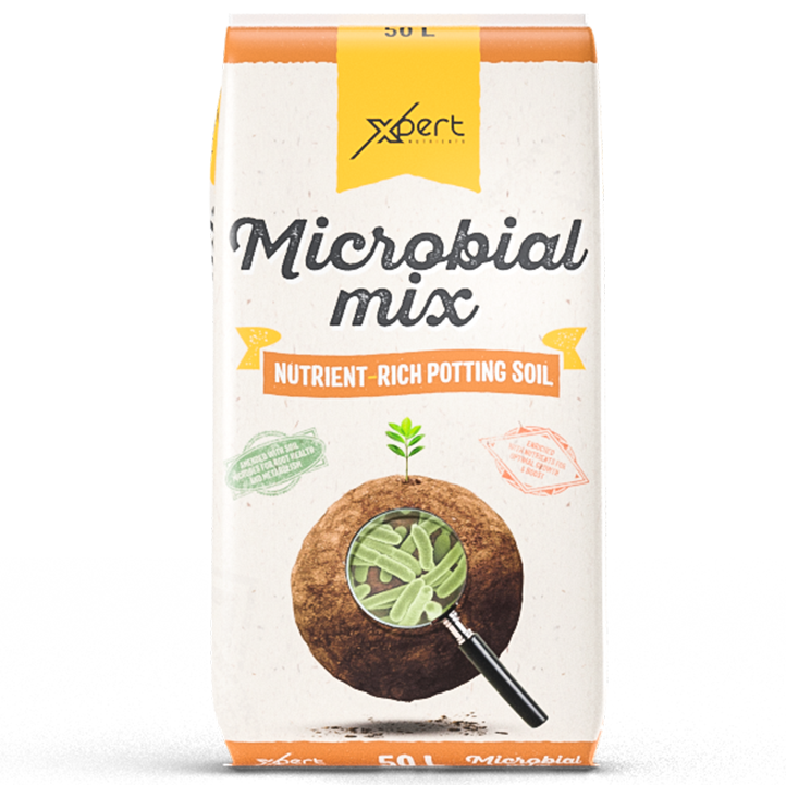 Xpert Nutrients Microbial Mix 50L Saco branco e amarelo de terra para vasos Microbial mix da Xpert com ilustração e texto