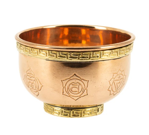 Incenso Tijela 7 Chakras Cobre & Laton 8x5 cm. Taça de metal cobre com detalhes dourados e símbolos gravados