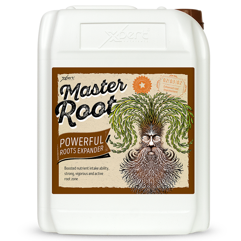 Xpert Nutrients Master Root - 10L Recipiente branco de plástico com rótulo Master Root e imagem de rosto feito de raízes e folhas
