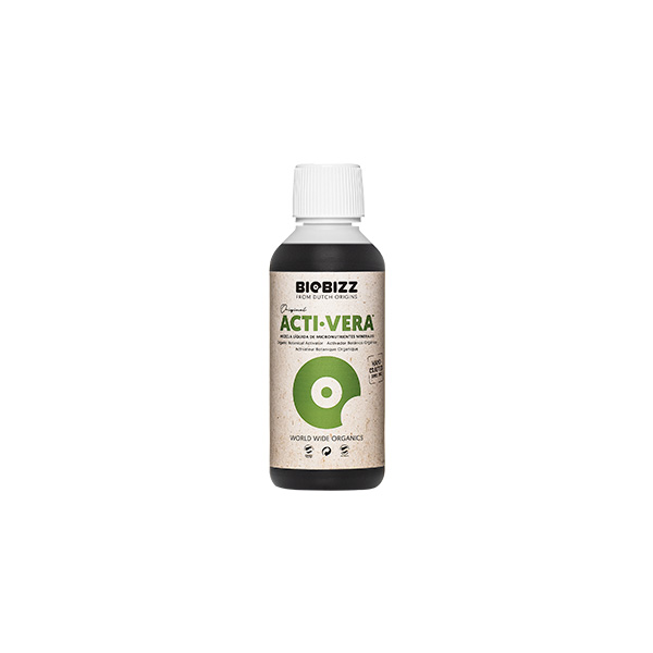 Acti - Vera Frasco de plástico preto com rótulo castanho claro e texto verde BIOBIZZ ACTI VERA
