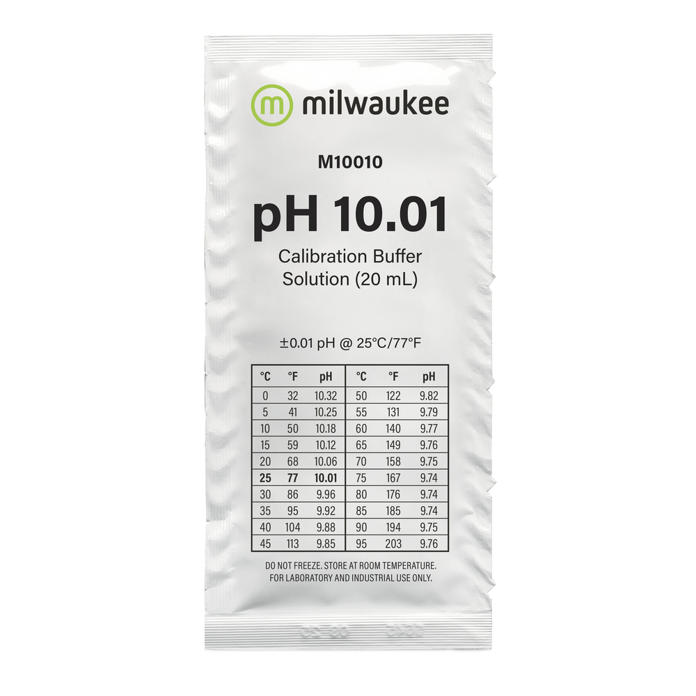 Milwaukee Líquido calibrador pH 10.01 Saqueta 20 mL Pacote branco de solução tampão de calibração Milwaukee pH 10.01.
